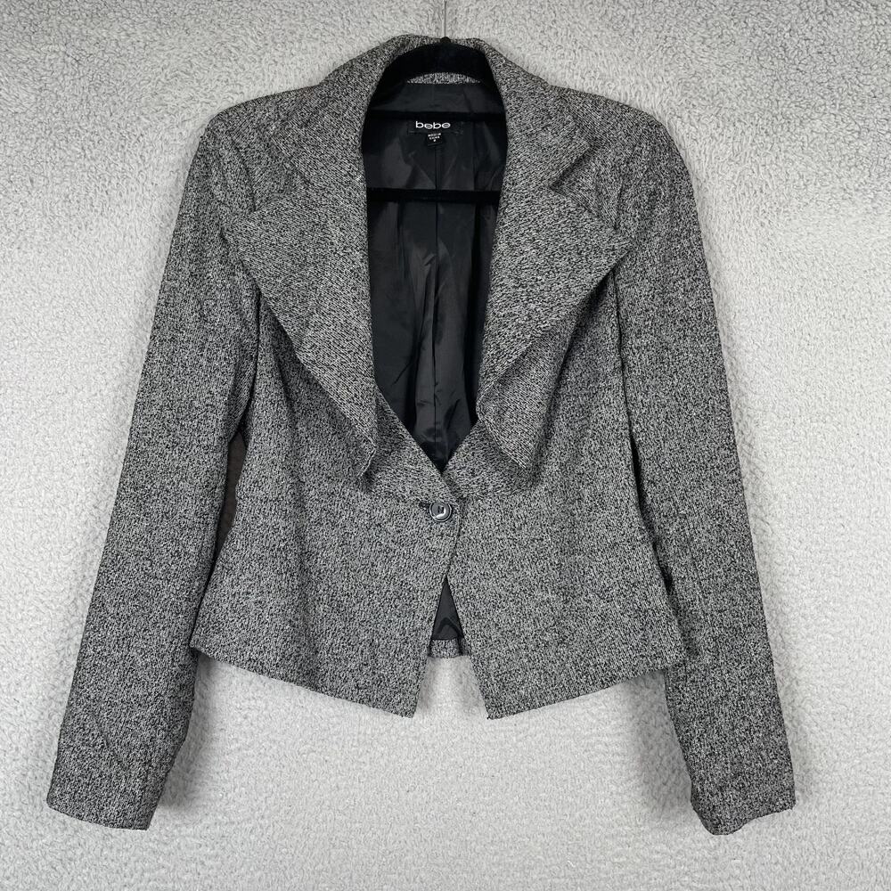 Bebe Blazer Womens Size 8 Black White Textured Modern Fitted Career Jacket